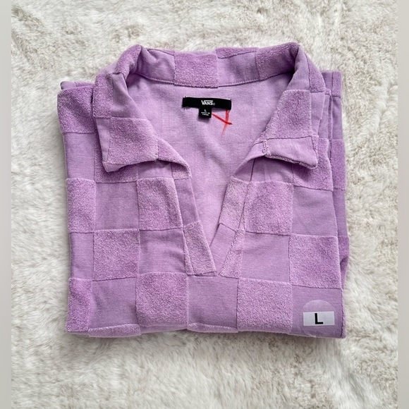 Vans Teri V Neck Lavender Checkered Terry Cloth Polo Shirt, Size L, XL, S - Picture 8 of 9